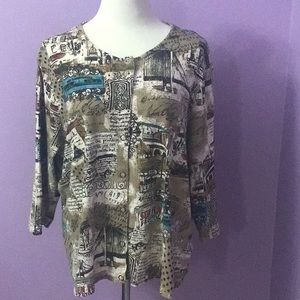 Women’s Plus 2X Onque Women European City Theme Blue/Tan Cropped Top 3/4 sleeve